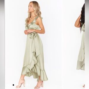 Satin Green Formal Dress (Samantha Ruffle Wrap Dress) NWT